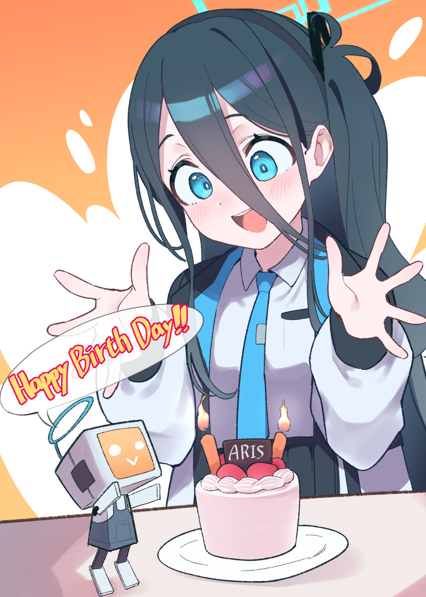&lt;key&gt;_(robot)_(blue_archive) 1girl :d absurdres aris_(blue_archive) black_hair blue_archive blue_eyes blue_necktie blush cake candle collared_shirt commentary_request english_text food hair_between_eyes happy_birthday highres long_hair long_sleeves necktie open_mouth orange_background robot shirt smile sutora_binsuke teeth upper_teeth_only white_shirt