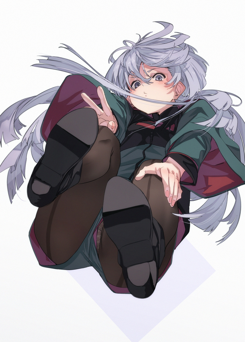 1girl asticassia_school_uniform black_footwear boots floating_hair from_below front-seamed_legwear fu-ta full_body grey_eyes grey_hair gundam gundam_suisei_no_majo hair_between_eyes hand_on_own_leg high_heel_boots high_heels highres long_hair long_sleeves looking_at_viewer looking_down miorine_rembran panties pantyhose pantyshot perspective school_uniform seamed_legwear short_shorts shorts solo striped_clothes striped_panties underwear v very_long_hair white_background wide_sleeves