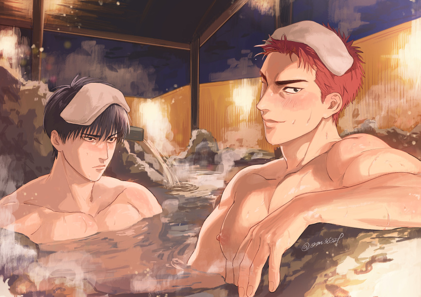 2boys bara bathing black_hair blush closed_mouth highres large_pectorals looking_at_another male_focus multiple_boys muscular muscular_male nipples om3632f one_eye_closed onsen partially_submerged pectorals red_hair rukawa_kaede sakuragi_hanamichi same-sex_bathing shared_bathing short_hair slam_dunk_(series) smile steam towel towel_on_head water