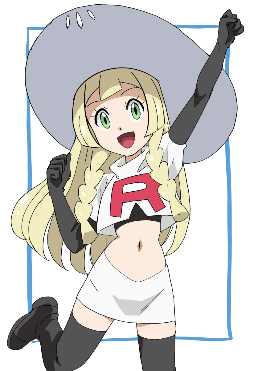 1girl :d absurdres arm_up black_footwear black_gloves black_shirt blonde_hair boots braid clenched_hand commentary_request cosplay cropped_jacket elbow_gloves eyelashes gloves green_eyes hainchu hand_up happy hat highres jessie_(pokemon) jessie_(pokemon)_(cosplay) lillie_(pokemon) logo long_hair navel open_mouth pokemon pokemon_(anime) pokemon_sm_(anime) shirt skirt smile solo sun_hat team_rocket team_rocket_uniform thigh_boots tongue twin_braids white_background white_skirt