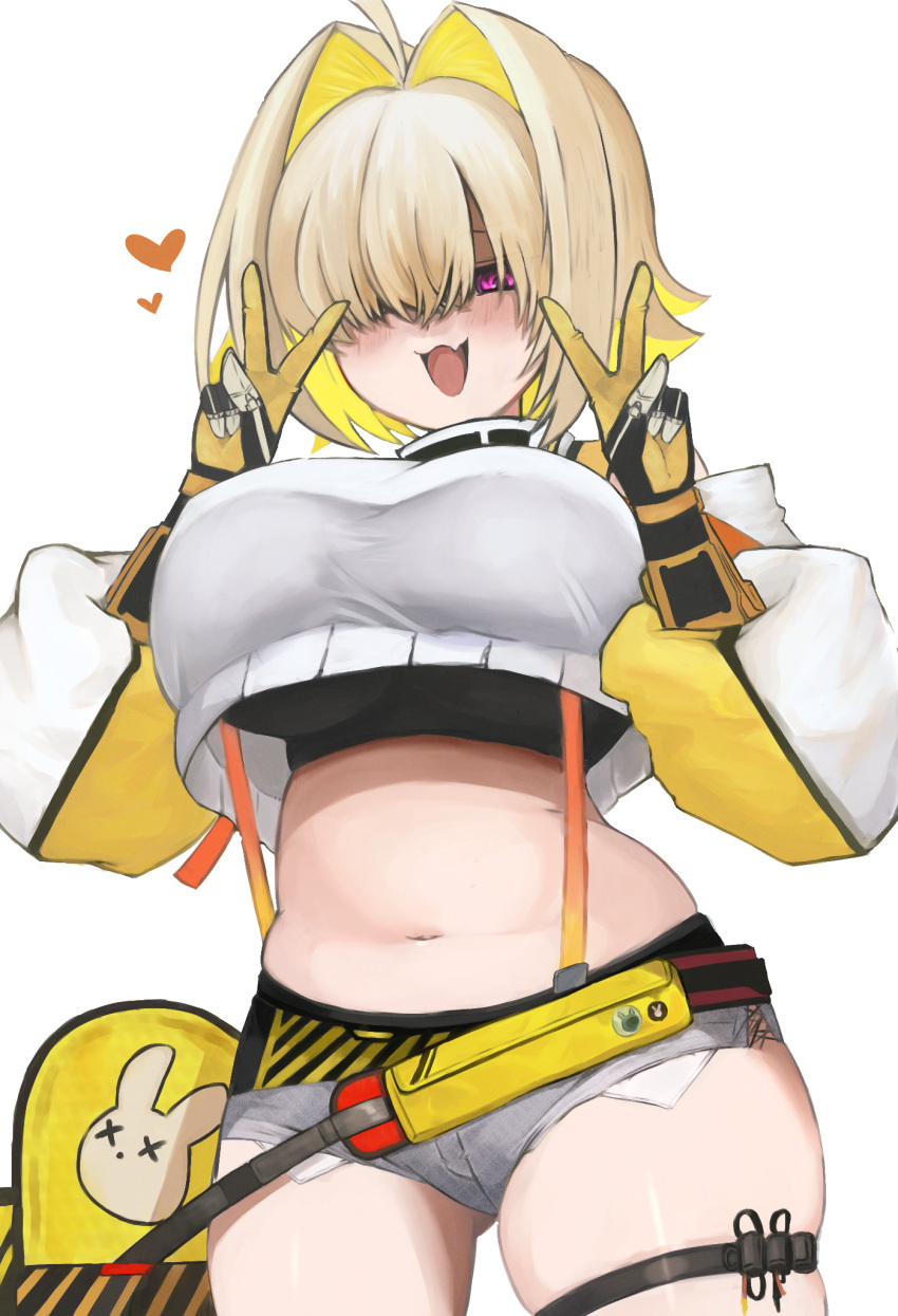 1girl :d ahoge ass_visible_through_thighs black_gloves black_sports_bra blonde_hair blush breasts clothing_cutout crop_top crop_top_overhang cropped_sweater double_v elegg_(nikke) exposed_pocket gloves goddess_of_victory:_nikke grey_shorts hair_intakes hair_over_eyes heart highres large_breasts long_bangs long_sleeves micro_shorts multicolored_clothes multicolored_gloves multicolored_hair navel open_mouth purple_eyes short_hair shorts shoulder_cutout simple_background smile solo sports_bra suspender_shorts suspenders thigh_strap two-tone_hair v white_background yellow_gloves yugimaru_(kuroro09)