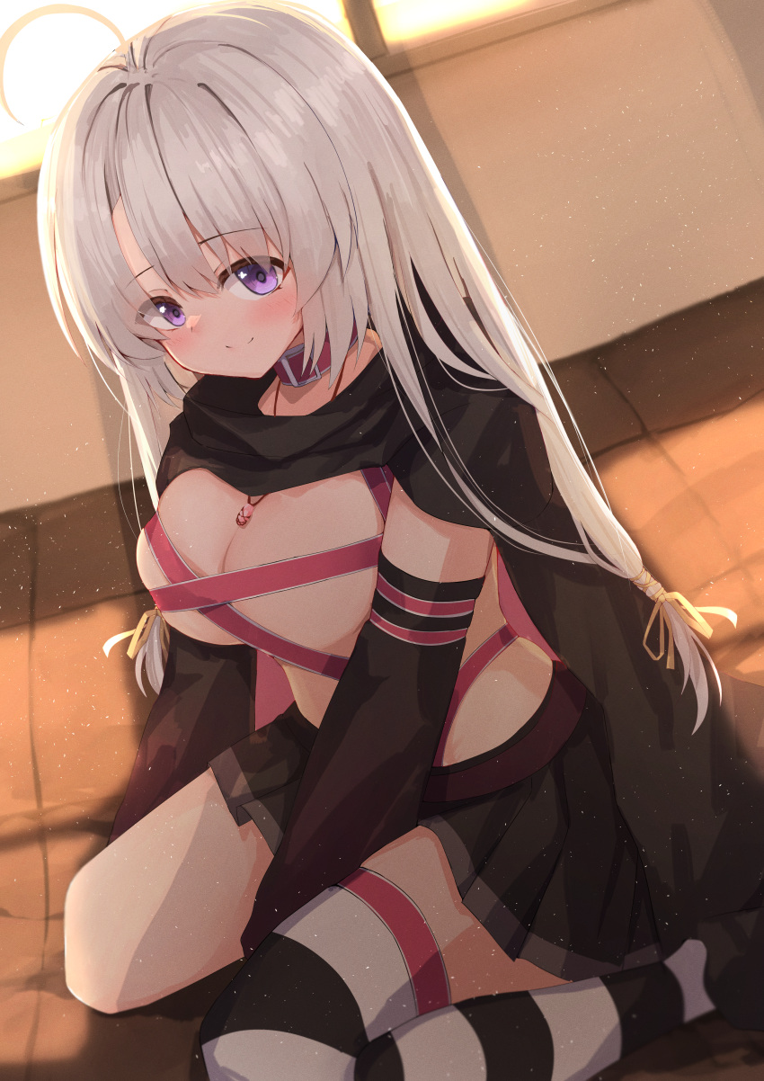 1girl absurdres ahoge arm_at_side ayachi_nene backlighting belt belt_bra belt_collar between_legs black_cloak black_skirt blush breasts cleavage cloak closed_mouth collar commentary curvy detached_sleeves eyes_visible_through_hair foot_out_of_frame grey_hair hair_between_eyes hair_ribbon hand_between_legs highres indoors jewelry knees_out_of_frame large_breasts light_particles long_hair looking_at_viewer miniskirt necklace no_headwear nodoameyatou pink_belt pleated_skirt purple_eyes ribbon sanoba_witch single_thighhigh sitting skindentation skirt smile solo split_mouth straight_hair striped_clothes striped_thighhighs thighhighs tile_floor tiles very_long_hair wariza window yellow_ribbon zettai_ryouiki