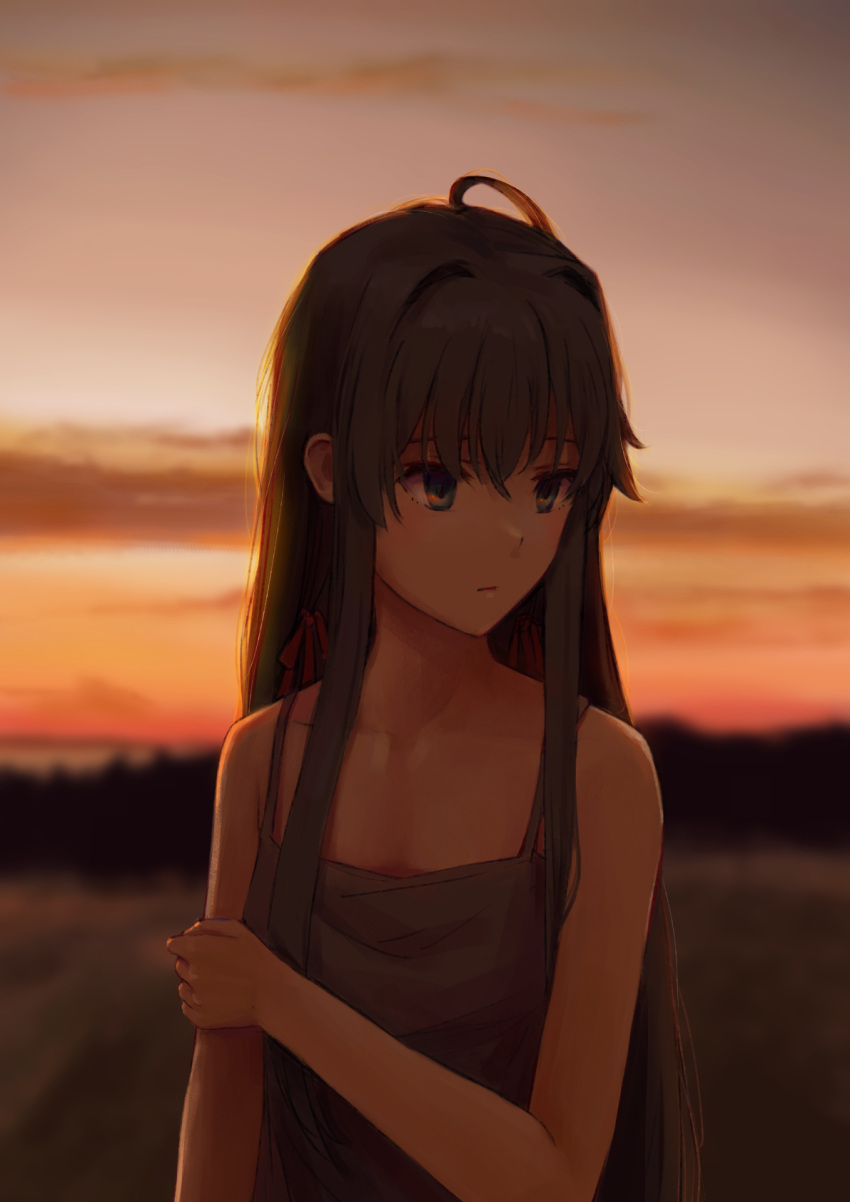 1girl ahoge bare_arms bare_shoulders black_dress black_hair blue_eyes closed_mouth collarbone dress evening hair_bun hair_ribbon highres long_hair looking_to_the_side outdoors ribbon single_side_bun sky solo upper_body viscum yahari_ore_no_seishun_lovecome_wa_machigatteiru. yukinoshita_yukino