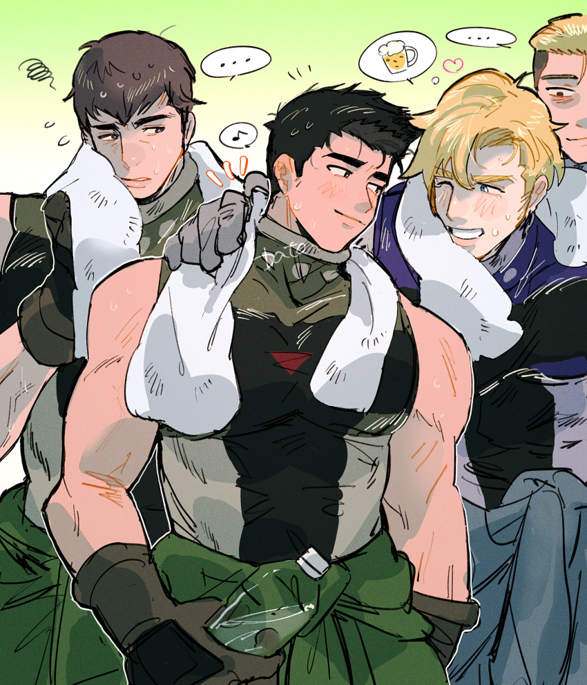 ... 4boys ao_isami bara black_hair blonde_hair clothes_down couple facial_hair grin hand_on_another's_shoulder happy highres ice_nomu large_pectorals lewis_smith looking_at_another male_focus medium_sideburns multiple_boys muscular muscular_male pectorals sideburns_stubble sleeveless smile squiggle stubble thick_eyebrows wiping_sweat yaoi yuuki_bakuhatsu_bang_bravern