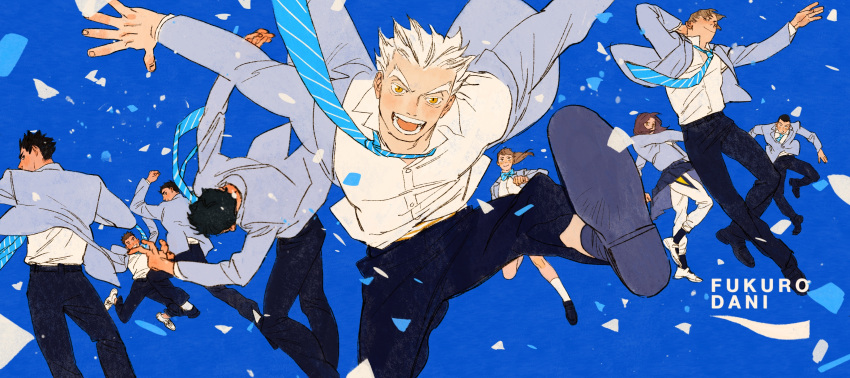 2girls 6+boys absurdres akaashi_keiji arms_up black_hair black_pants blue_background blue_necktie bokuto_koutarou brown_eyes brown_hair chengongzi123 closed_mouth collared_jacket collared_shirt commentary confetti grey_jacket haikyuu!! highres jacket jumping komi_haruki konoha_akinori long_hair long_sleeves looking_at_viewer multicolored_hair multiple_boys multiple_girls necktie open_mouth pants pleated_skirt sarukui_yamato school_uniform shirofuku_yukie shirt shoes short_hair simple_background skirt smile streaked_hair striped_necktie suzumeda_kaori symbol-only_commentary thick_eyebrows very_short_hair washio_tatsuki white_hair white_shirt yellow_eyes