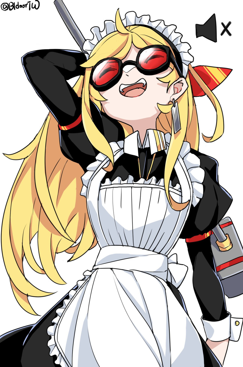 1girl alternate_costume apron bidortw black_dress blonde_hair closed_eyes commentary dress earrings frilled_apron frills hammer highres holding holding_hammer hololive hololive_indonesia jewelry juliet_sleeves kaela_kovalskia long_sleeves maid_apron maid_headdress open_mouth puffy_sleeves red-tinted_eyewear safety_glasses smile solo tinted_eyewear twitter_username upper_body virtual_youtuber