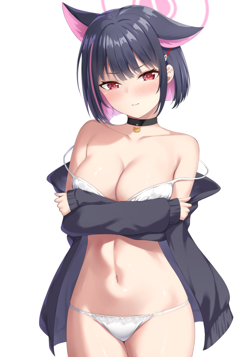 1girl 3: animal_ears bare_shoulders black_choker black_hair black_jacket blue_archive bra breast_hold breasts choker cleavage closed_mouth collarbone colored_inner_hair cowboy_shot embarrassed extra_ears frown hair_ornament hairclip halo highres jacket kazusa_(blue_archive) long_sleeves looking_at_viewer medium_breasts multicolored_hair navel off_shoulder open_clothes open_jacket panties red_eyes short_hair sidelocks simple_background solo standing stomach strap_slip string_bra string_panties tatsumiya_kagari underwear v-shaped_eyebrows white_background white_bra white_panties