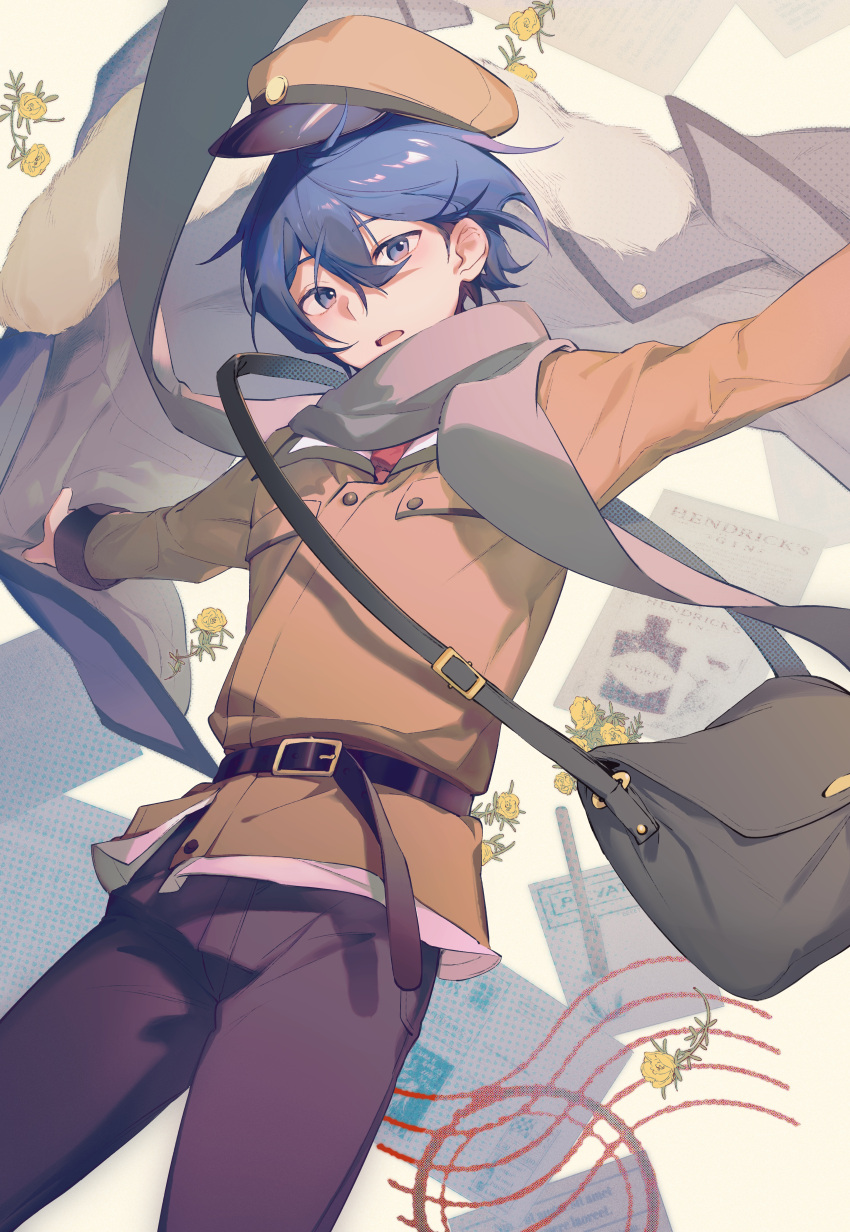 1boy absurdres arms_out bag beileimao belt black_belt black_pants blue_eyes blue_hair brown_jacket coat flat_cap flower fur-trimmed_coat fur_trim grey_scarf hair_between_eyes hat highres holding holding_clothes jacket kaito_(vocaloid) letter looking_at_viewer mailman male_focus messenger_bag open_mouth pants scarf short_hair shoulder_bag solo stamp_mark uniform upper_body vocaloid yellow_flower