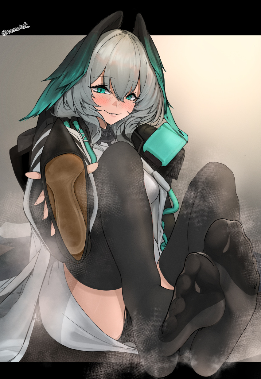 1girl absurdres aqua_eyes aqua_hair arknights black_footwear black_jacket black_thighhighs breasts commission convenient_leg dress feet foot_focus foreshortening full_body grey_background grey_dress grey_hair grey_jacket hair_between_eyes highres ho'olheyak_(arknights) holding holding_shoes jacket knees_up large_breasts legs long_sleeves looking_at_viewer multicolored_clothes multicolored_jacket namukot no_shoes open_clothes open_jacket parted_lips pixiv_commission see-through see-through_legwear shoes sidelocks smell smile soles solo steaming_body thighhighs thighs toenails toes two-tone_jacket unworn_footwear unworn_shoes wide_sleeves
