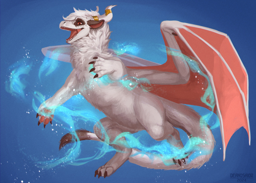 2024 artist_name belly black_claws brown_body brown_fur claws deanosaior dragon feral fur furred_dragon furred_tail hi_res horn male myst_(daxter131) mythological_creature mythological_scalie mythology pawpads pink_pawpads red_eyes scalie solo tail white_belly white_body white_fur white_horn