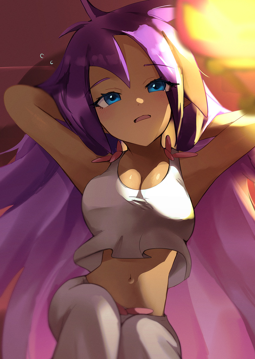 1girl arms_behind_head blue_eyes breasts cleavage crop_top dark-skinned_female dark_skin eyelashes hair_down highres indoors jaibus long_hair looking_at_viewer navel open_mouth pants purple_hair shantae shantae_(series) solo very_long_hair white_pants