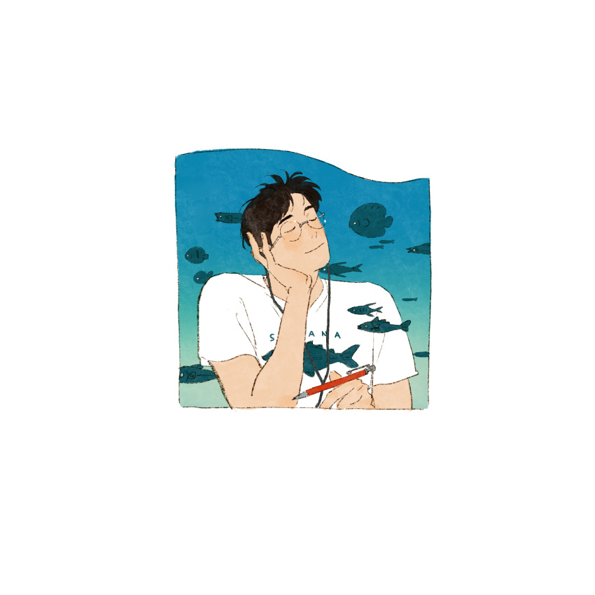 1boy black_hair blue_background chengongzi123 closed_eyes closed_mouth earbuds earphones fish gradient_background green_background hands_up highres holding holding_pencil kogure_kiminobu male_focus mechanical_pencil pencil shirt short_hair short_sleeves slam_dunk_(series) smile upper_body very_short_hair water white_shirt