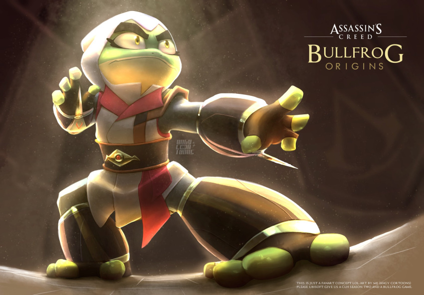 2023 4_fingers 4_toes amphibian angy_cortoons anthro assassin's_creed banner belt brown_clothing brown_gloves brown_handwear bullfrog_(captain_laserhawk) captain_laserhawk:_a_blood_dragon_remix clip_studio_paint clothing colored concept_art crossover english_text eyebrows feet fingerless_gloves fingers floor frog game_logo glistening_toes gloves green_body handwear hi_res hood inside light lighting looking_away male multicolored_body nostrills photoshop pose serious serious_face shaded shadow solo standing text thick_eyebrows tile tile_floor toes two_tone_body ubisoft underside_view watermark white_clothing white_hood yellow_body yellow_eyes yellow_sclera