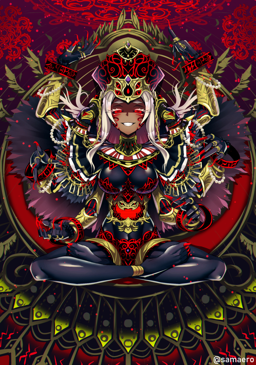 1girl anklet black_bodysuit black_sclera bodysuit bracelet breasts colored_eyelashes colored_sclera crown dark-skinned_female dark_skin extra_arms facial_mark fingernails full_body glowing glowing_eyes grin half-closed_eyes highres jewelry large_breasts long_fingernails long_hair lotus_position personification phantasy_star phantasy_star_online_2 red_eyes ring samael_(5211) sharp_fingernails sharp_toenails smile solo thick_eyebrows toenails variant_set white_hair