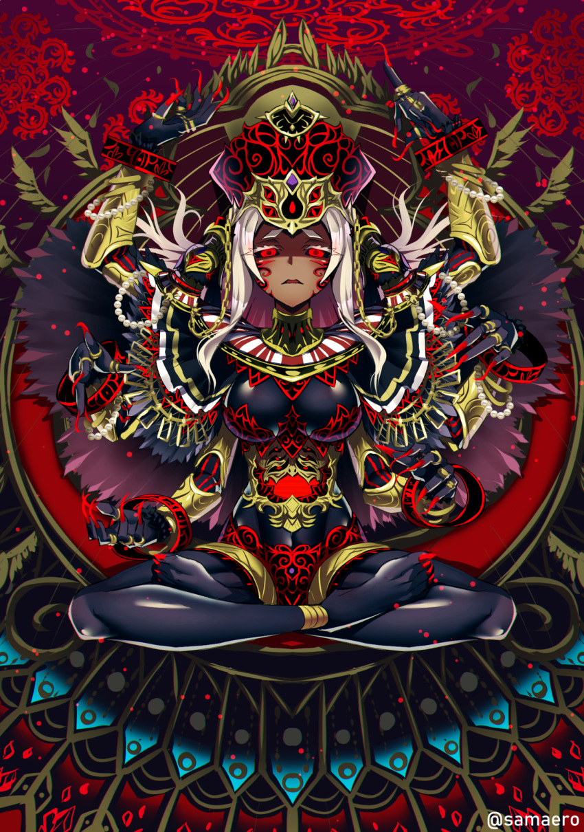 1girl anklet black_bodysuit black_sclera bodysuit bracelet breasts colored_eyelashes colored_sclera crown dark-skinned_female dark_skin disdain extra_arms facial_mark fingernails full_body glowing glowing_eyes half-closed_eyes highres jewelry large_breasts long_fingernails long_hair lotus_position personification phantasy_star phantasy_star_online_2 red_eyes ring samael_(5211) sharp_fingernails sharp_toenails solo thick_eyebrows toenails variant_set white_hair