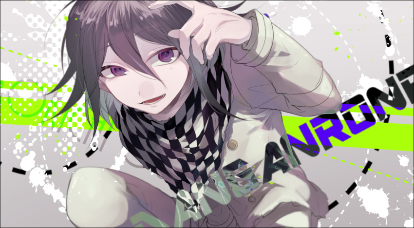 1boy 3103vv arm_belt belt black_border black_scarf blood blood_splatter border buttons checkered_clothes checkered_scarf commentary_request copyright_name cowboy_shot danganronpa_(series) danganronpa_v3:_killing_harmony fingernails gradient_background grey_background hair_between_eyes hand_up jacket layered_sleeves long_sleeves lower_teeth_only male_focus multiple_belts oma_kokichi open_mouth partial_commentary polka_dot purple_eyes purple_hair scarf short_hair simple_background smile solo squatting teeth thigh_belt thigh_strap two-tone_scarf white_belt white_blood white_jacket white_scarf white_sleeves