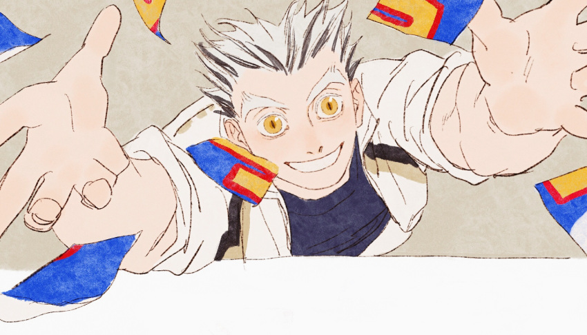 1boy arms_up blue_shirt bokuto_koutarou chengongzi123 chinese_commentary collared_jacket commentary_request confetti from_above grey_hair grin haikyuu!! highres jacket looking_at_viewer male_focus multicolored_hair reaching reaching_towards_viewer shirt short_hair slit_pupils smile streaked_hair thick_eyebrows upper_body very_short_hair white_jacket yellow_eyes