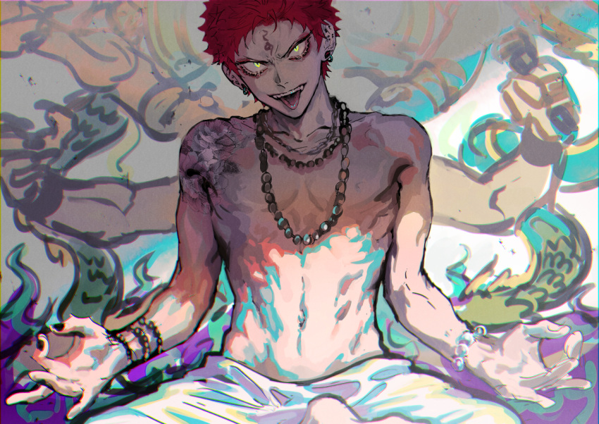 1boy abs bare_shoulders bead_bracelet bead_necklace beads bracelet buddhism chain_necklace colorful ear_piercing evil_grin evil_smile eyelashes eyeshadow facial_tattoo frown graffiti green_eyes grin hand_gesture hands_on_own_knees harai_kuko hypnosis_mic jewelry light_rays looking_at_viewer makeup male_focus necklace open_mouth pearl_bracelet pectorals piercing red_eyeshadow red_hair shadow short_hair shoulder_tattoo sitting slit_pupils smile solo sunlight tattoo teeth tongue tongue_out tori_shiru tsurime upper_body upper_teeth_only