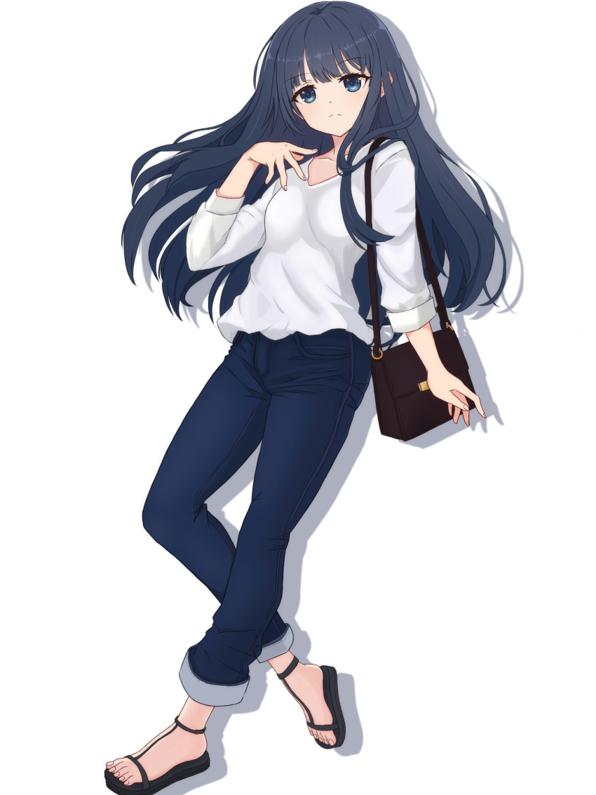 1girl bag blue_eyes blue_hair casual check_commentary closed_mouth collarbone commentary_request commission denim drop_shadow frown full_body handbag highres holding holding_bag jeans long_hair magia_record:_mahou_shoujo_madoka_magica_gaiden mahou_shoujo_madoka_magica nanami_yachiyo pants sandals shirt simple_background skeb_commission solo sumishake white_background white_shirt