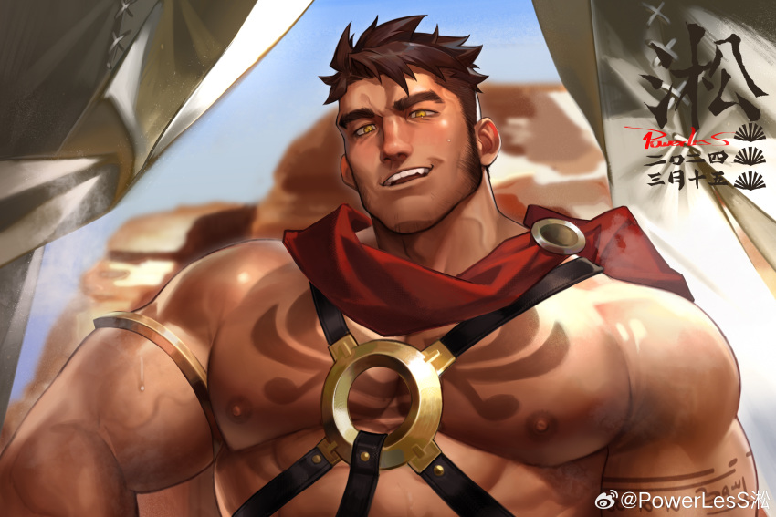 absurdres bara bare_pectorals brown_hair commission dark-skinned_male dark_skin highres implied_sex large_pectorals long_sideburns looking_at_viewer male_focus mature_male muscular muscular_male nipples original pectorals powerlesssong seductive_smile short_hair sideburns smile sparse_stubble sweat tent_interior thick_eyebrows upper_body veins veiny_arms veiny_neck yellow_eyes