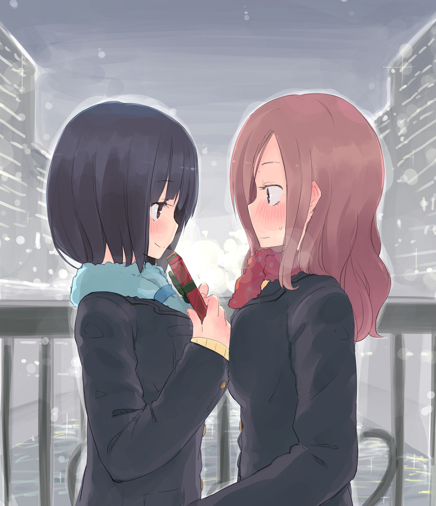 blush eye_contact from_side gift highres homura_subaru long_hair looking_at_another multiple_girls original profile railing short_hair smile valentine winter_clothes yuri