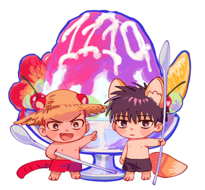 2boys animal_ears black_hair black_shorts chibi closed_mouth fox_boy fox_ears fox_tail hat holding holding_spoon male_focus multiple_boys nipples om3632f open_mouth parfait red_hair red_shorts rukawa_kaede sakuragi_hanamichi short_hair shorts simple_background slam_dunk_(series) smile spoon straw_hat tail tiger_boy tiger_ears tiger_tail topless_male white_background