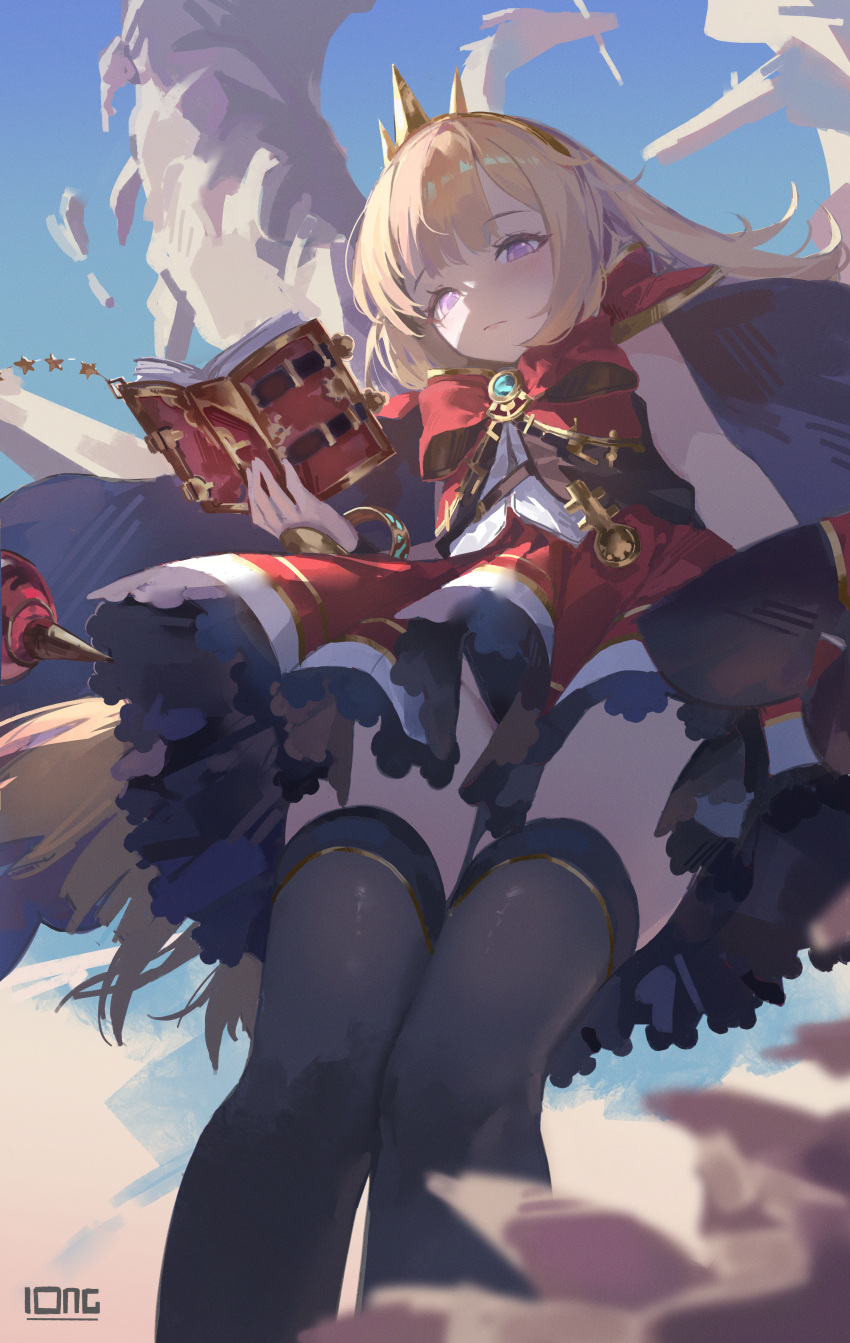 1girl absurdres artist_name belt blonde_hair blunt_bangs book bracelet breasts cagliostro_(granblue_fantasy) cape chinese_commentary cloud cloudy_sky dress expressionless floating_clothes floating_hair frilled_dress frills from_below granblue_fantasy headband highres holding holding_book jewelry light_frown long_hair loong_(loong_blo) open_book potion purple_eyes red_cape sky small_breasts solo thighhighs twitter_username
