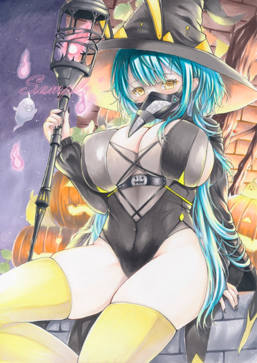 1girl azur_lane black_leotard black_nails blue_hair boise_(azur_lane) boise_(castle_tales)_(azur_lane) breasts covered_navel ears_through_headwear ghost halloween halloween_costume hat highres holding holding_staff huge_breasts leotard looking_at_viewer marker_(medium) mechanical_ears nail_polish official_alternate_costume plague_doctor_mask pumpkin purplepencil sample_watermark sitting staff thighhighs traditional_media watermark witch_hat yellow_thighhighs