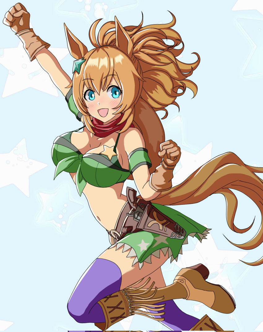 1girl :d animal_ears blue_eyes boots breasts brown_footwear brown_gloves brown_hair cleavage clenched_hands corrupted_twitter_file cowboy_hat from_side gloves green_skirt gun hair_between_eyes hair_ornament hat hat_on_back highres holstered horse_ears horse_girl horse_tail large_breasts long_hair looking_at_viewer looking_to_the_side masasim ponytail purple_thighhighs revolver skirt smile solo star_(symbol) star_hair_ornament taiki_shuttle_(umamusume) tail thighhighs umamusume upper_body weapon