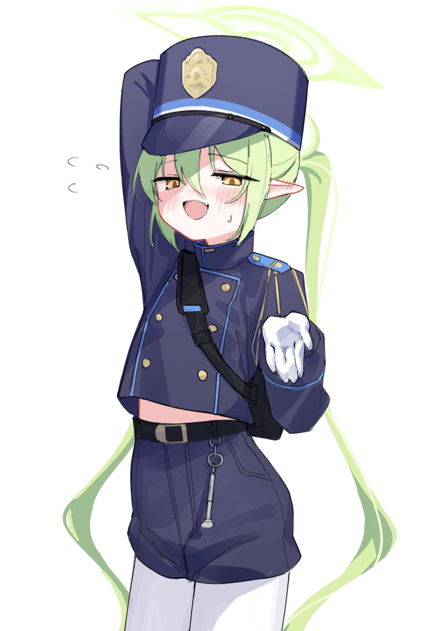 1girl absurdres arm_up arsyky14 bag belt black_bag black_belt black_hat black_jacket black_shorts blue_archive blush buttons character_request cowboy_shot ear_blush fang flying_sweatdrops gloves green_hair green_halo hair_between_eyes halo hat highres jacket long_hair looking_at_viewer midriff_peek no_nose open_mouth orange_pupils outstretched_hand pantyhose peaked_cap pointy_ears shorts shoulder_bag skin_fang solo sweat twintails very_long_hair white_background white_gloves white_pantyhose yellow_eyes