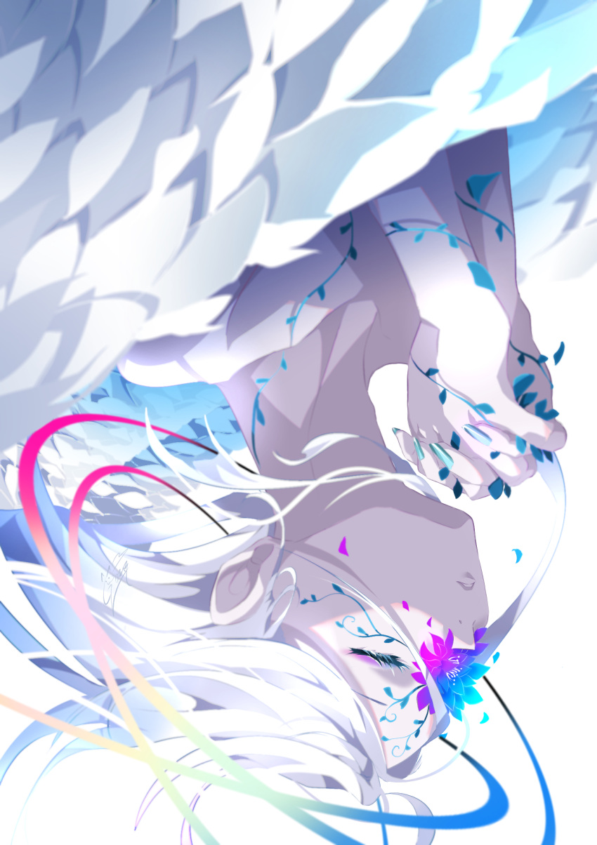 1girl angel angel_wings closed_eyes feathered_wings feathers flower flower_over_eye goma_irasuto grey_hair highres long_hair looking_at_viewer multicolored_flower nail_polish original upside-down white_feathers white_hair wings