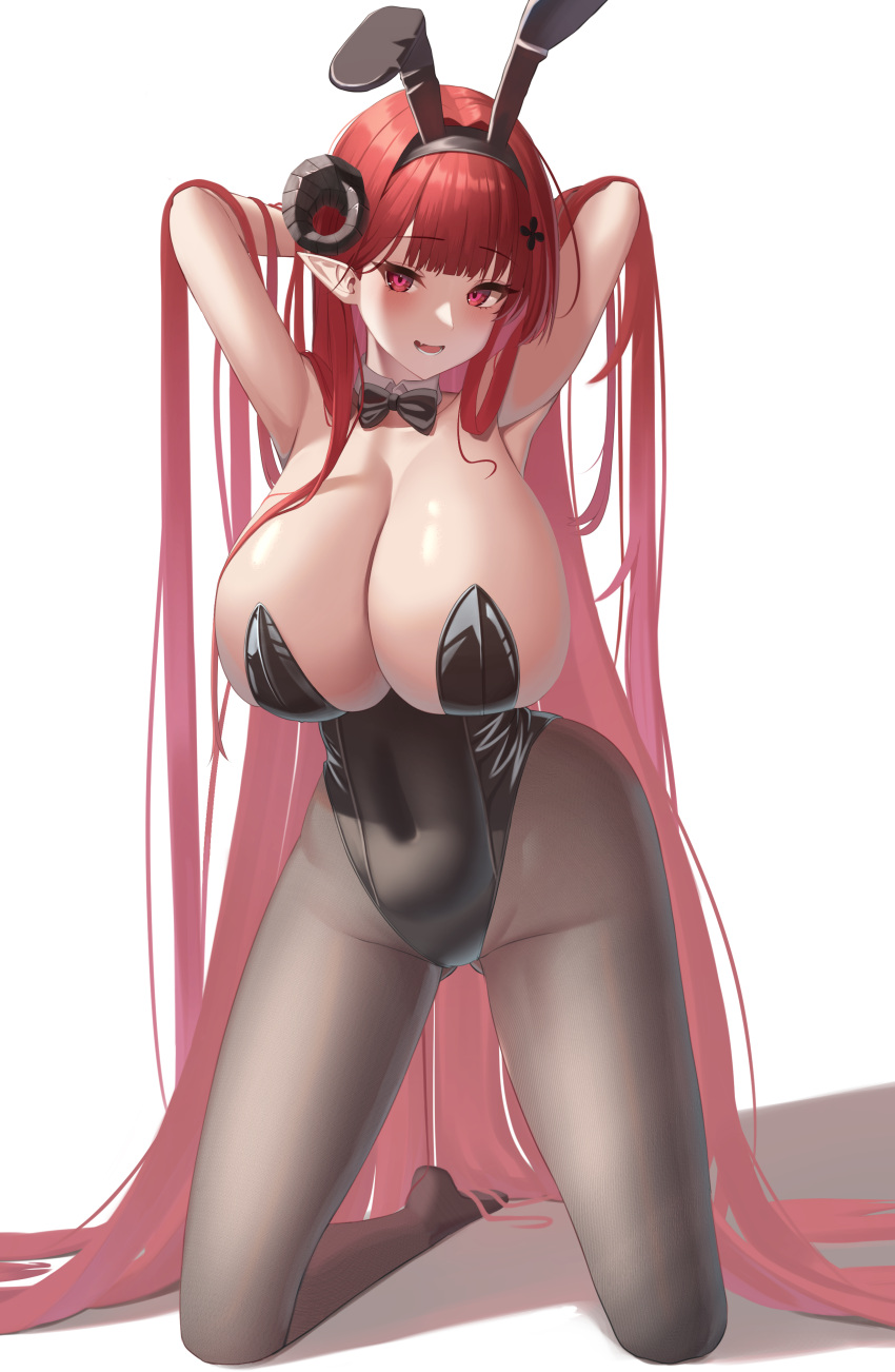 1girl absurdres animal_ears armpits arms_up azur_lane bare_shoulders black_bow black_bowtie black_horns black_leotard black_pantyhose blush bow bowtie breasts cleavage commentary_request covered_nipples curled_horns detached_collar fake_animal_ears full_body hair_ornament hands_in_hair highres hindenburg_(azur_lane) hindenburg_(delirious_duel)_(azur_lane) horns huge_breasts kneeling leotard long_hair mashiro03 official_alternate_costume open_mouth pantyhose playboy_bunny rabbit_ears red_hair simple_background smile solo thighs