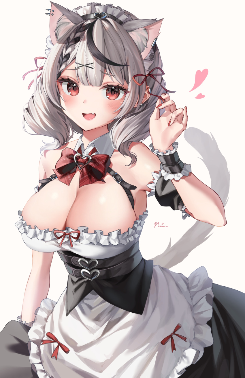 1girl absurdres animal_ears apron bare_shoulders black_hair blush bow bowtie breasts cat_ears cat_girl cat_tail cleavage fang grey_hair hair_ornament highres hololive large_breasts looking_at_viewer maid maid_apron maid_headdress medium_hair multicolored_hair open_mouth red_bow red_bowtie red_eyes sakamata_chloe smile solo streaked_hair tail virtual_youtuber x_hair_ornament yoitsuki_nema