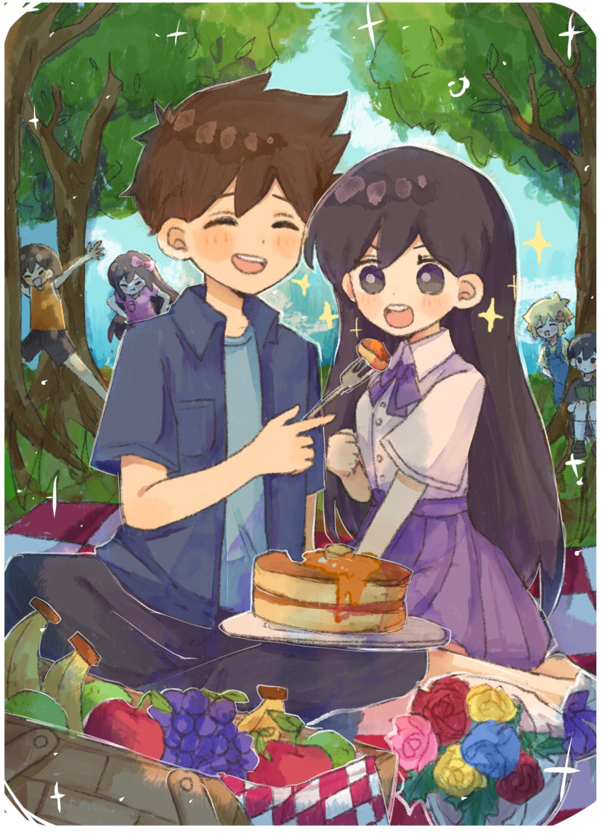 2girls 4boys apple arms_up aubrey_(faraway)_(omori) aubrey_(omori) banana basil_(faraway)_(omori) basil_(omori) black_eyes black_hair black_shirt blonde_hair blue_overalls bow brown_hair checkered_blanket closed_eyes closed_mouth day feeding flower food fruit grapes hair_bow hair_flower hair_ornament hero_(faraway)_(omori) hero_(omori) highres kel_(faraway)_(omori) kel_(omori) mari_(faraway)_(omori) mari_(omori) mugi062 multiple_boys multiple_girls omori open_mouth outdoors overalls pancake pancake_stack picnic_basket pink_bow pink_shirt plate pleated_skirt purple_skirt shirt short_hair skirt sunny_(omori) teeth tree upper_teeth_only