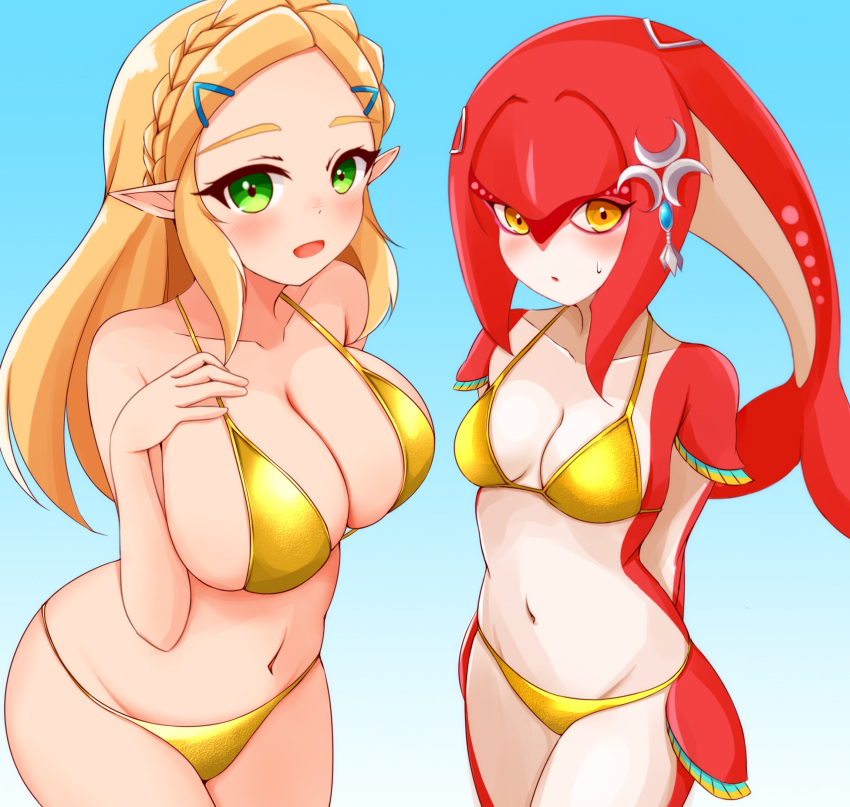 2023 accessory animal_humanoid ayatori big_breasts bikini blonde_hair blush blush_lines bodily_fluids braided_hair breasts breath_of_the_wild clothing digital_media_(artwork) duo female gold_bikini green_eyes hair hair_accessory hi_res humanoid humanoid_pointy_ears looking_at_viewer marine marine_humanoid mipha navel nintendo open_mouth princess_zelda red_body simple_background sky_background sweat sweatdrop swimwear the_legend_of_zelda yellow_eyes zora