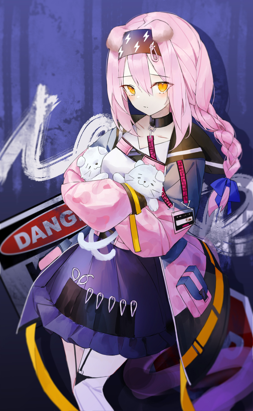 0_(znanimo) 1girl absurdres animal animal_ears arknights black_choker black_hairband blue_bow bow braid braided_ponytail cat cat_ears choker closed_mouth coat collarbone feet_out_of_frame goldenglow_(arknights) graffiti hair_bow hairband high-waist_skirt highres holding holding_animal holding_cat lightning_bolt_print long_hair long_sleeves looking_at_viewer open_clothes open_coat pink_coat pink_hair purple_skirt scissors scottish_fold single_braid skirt solo standing thighhighs white_thighhighs zettai_ryouiki