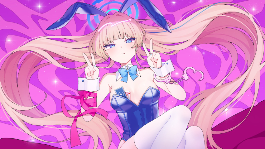 1girl absurdres animal_ear_hairband animal_ears blonde_hair blue_archive blue_eyes breasts cuffs detached_collar double_v expressionless fake_animal_ears hairband halo handcuffs highres kinen long_hair looking_at_viewer medium_breasts rabbit_ear_hairband rabbit_ears rabbit_hole_(vocaloid) skindentation solo thighhighs toki_(blue_archive) toki_(bunny)_(blue_archive) v very_long_hair white_thighhighs wrist_cuffs