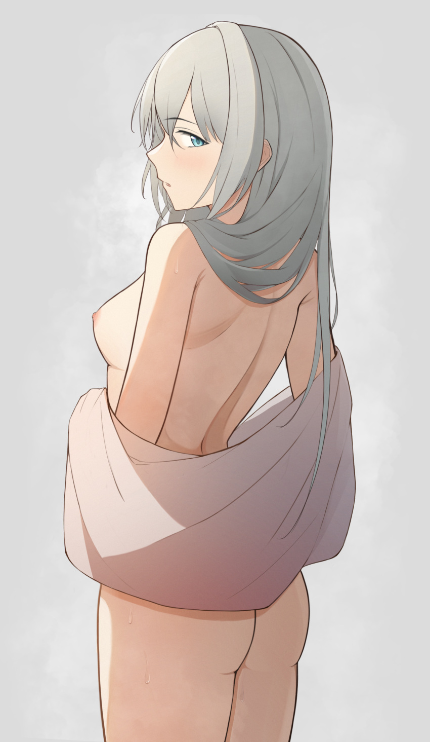 1girl absurdres an-94_(girls'_frontline) ass back back_focus bare_back bare_shoulders blue_eyes breasts butt_crack cowboy_shot girls'_frontline grey_background grey_hair highres long_hair looking_at_viewer looking_back median_furrow medium_breasts naked_towel nipples nude parted_lips sharp-pig shoulder_blades sideboob solo steaming_body towel wet