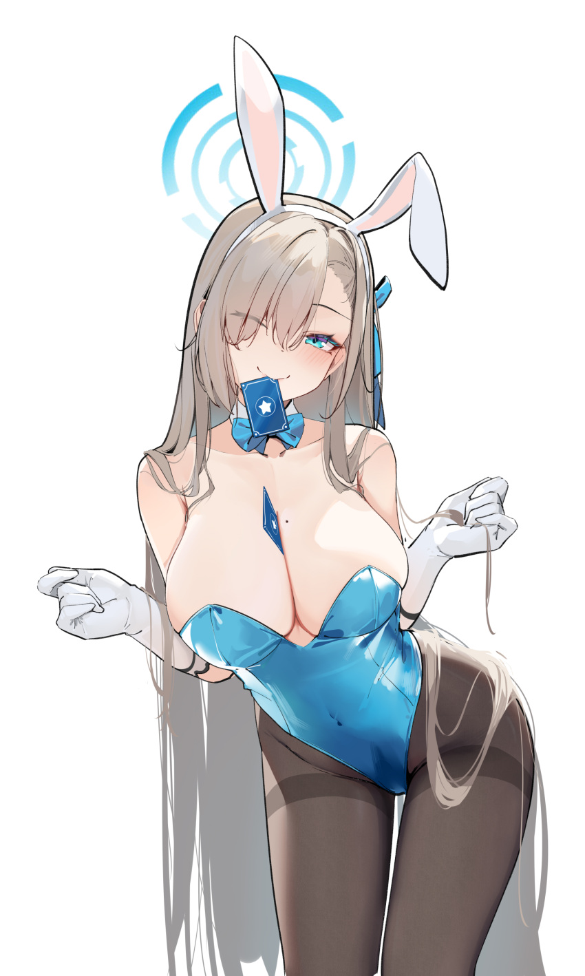 1girl absurdres animal_ears asuna_(blue_archive) asuna_(bunny)_(blue_archive) bare_shoulders between_breasts blue_archive blue_bow blue_bowtie blue_eyes blue_leotard blush bow bowtie breasts card cleavage detached_collar fake_animal_ears gloves hair_over_one_eye halo highleg highleg_leotard highres large_breasts leotard light_brown_hair long_hair looking_at_viewer mole mole_on_breast official_alternate_costume one_eye_closed painterliuhao pantyhose playboy_bunny playing_card rabbit_ears ribbon simple_background smile solo strapless strapless_leotard thigh_gap traditional_bowtie very_long_hair white_background white_gloves