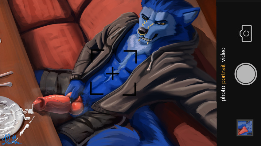 anthro bad_wolf bodily_fluids canid canine canis cum digital_media_(artwork) erection exhibitionism genital_fluids genitals hallas hi_res knot male mammal nude penis public simple_background smile solo tail wolf