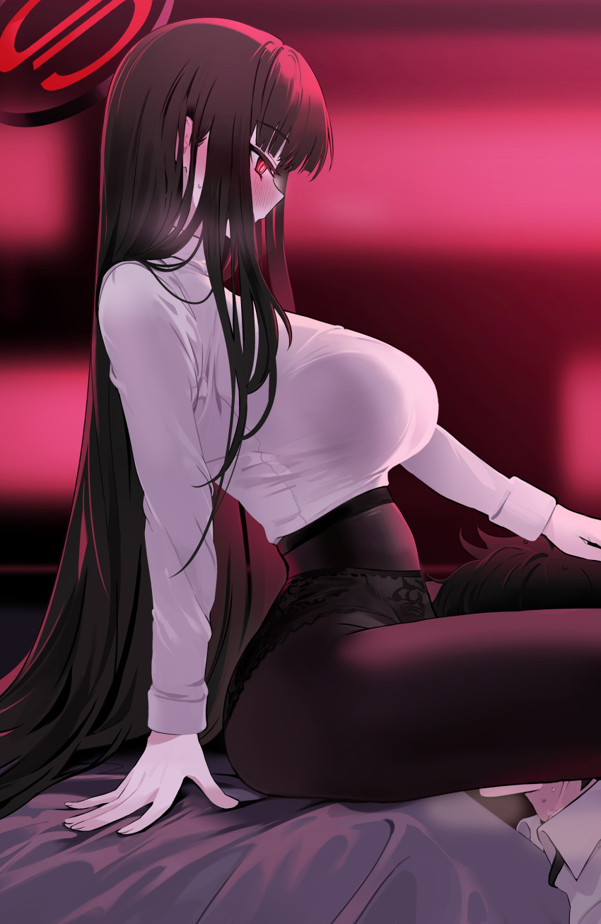 1girl absurdres black_hair blue_archive blunt_bangs blush breasts face_in_crotch halo head_between_legs highres huge_breasts lace-trimmed_panties lace_trim long_hair long_sleeves panties pantyhose red_eyes rio_(blue_archive) sweater turtleneck turtleneck_sweater underwear very_long_hair white_sweater yuki_(asayuki101)