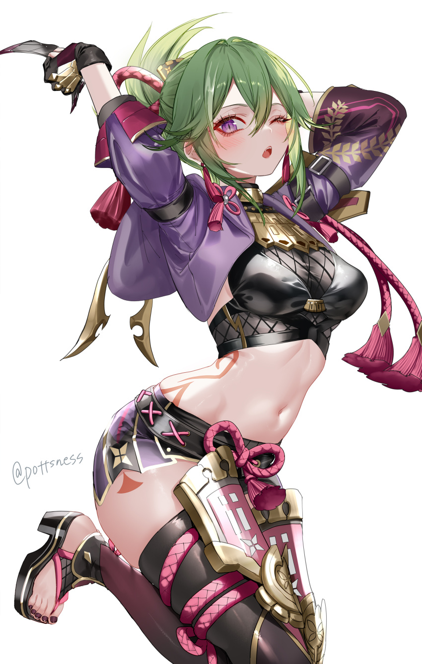 1girl absurdres black_shirt black_thighhighs breasts commentary_request crop_top genshin_impact green_hair highres jacket kuki_shinobu long_sleeves looking_at_viewer medium_breasts midriff nail_polish navel one_eye_closed open_clothes open_jacket open_mouth pottsness purple_eyes purple_jacket shirt short_shorts shorts solo stomach thighhighs thighs toenail_polish toenails