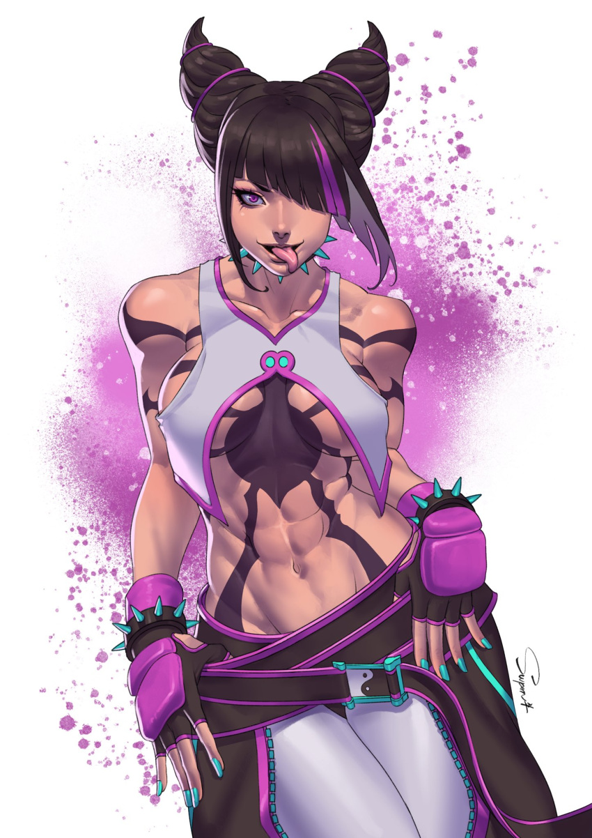 1girl abs aqua_nails bare_shoulders black_hair breasts collar collarbone cone_hair_bun cowboy_shot diagonal_bangs fingerless_gloves gloves hair_bun han_juri highres looking_at_viewer medium_breasts multicolored_hair muscular muscular_female navel pants purple_eyes purple_hair revealing_clothes solo spiked_collar spiked_gloves spikes streaked_hair street_fighter street_fighter_6 superbull tongue tongue_out vest white_background white_pants white_vest