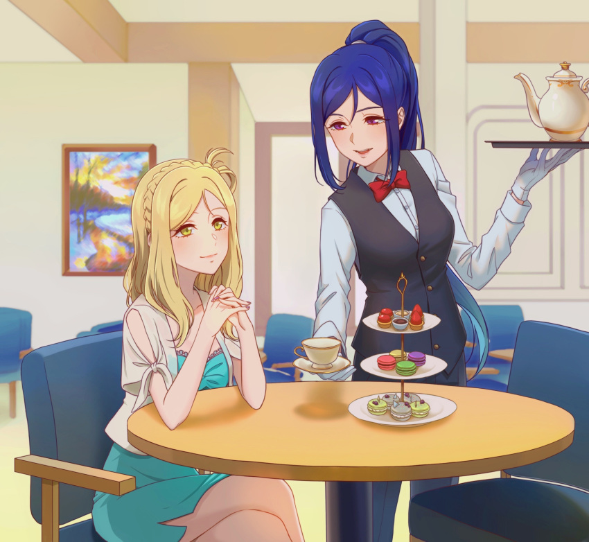 2girls black_pants black_vest blonde_hair blue_dress blue_hair bow bowtie braid chair closed_mouth collared_shirt commentary_request crown_braid cup dress gloves highres holding holding_saucer holding_tray indoors long_hair long_sleeves love_live! love_live!_sunshine!! matsuura_kanan multiple_girls nyasa ohara_mari open_mouth own_hands_together painting_(object) pants ponytail purple_eyes red_bow red_bowtie saucer shirt single_hair_ring sitting smile standing table teacup teapot tiered_tray tray vest waitress white_gloves white_shirt yellow_eyes