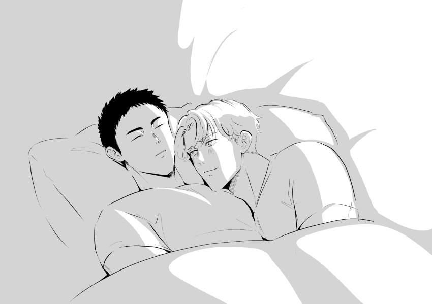 2boys afterglow ao_isami couple cuddling facial_hair greyscale highres lewis_smith male_focus medium_sideburns monochrome multiple_boys nuit_twst pectorals sideburns_stubble smile stubble thick_eyebrows toned toned_male under_covers upper_body yaoi yuuki_bakuhatsu_bang_bravern