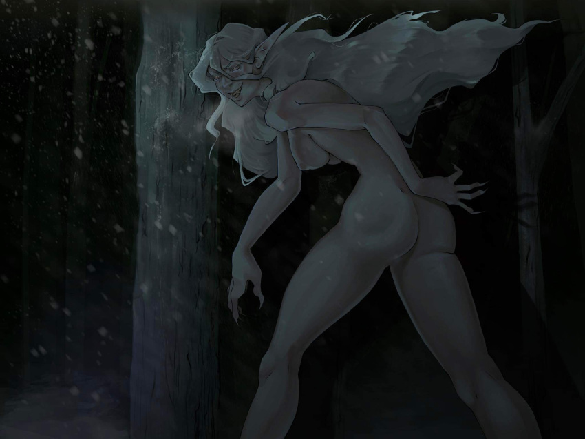 albino banshee cold creepy dominant dominant_female fantasy female forest hi_res human kyjaanka magic mammal monster_girl_(genre) nature plant solo tree white_body