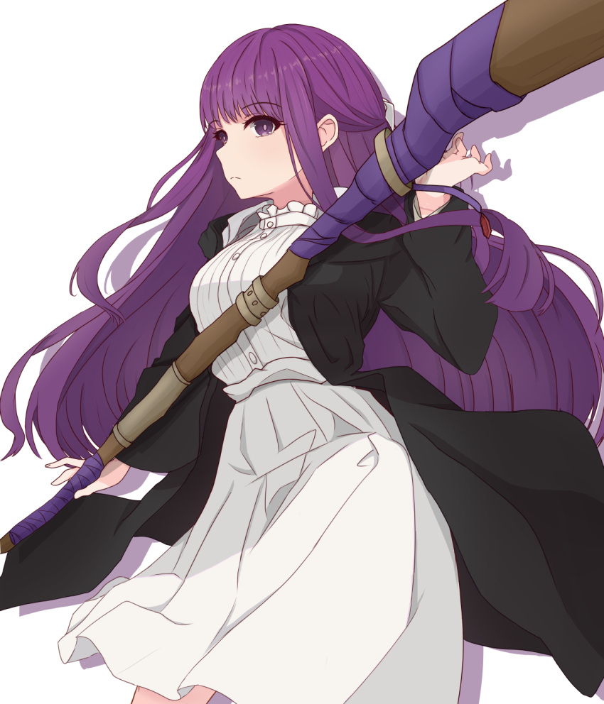 1girl black_coat breasts closed_mouth coat commentary_request dress drop_shadow expressionless fern_(sousou_no_frieren) highres large_breasts long_hair purple_eyes purple_hair simple_background solo sousou_no_frieren staff sumishake very_long_hair white_background white_dress