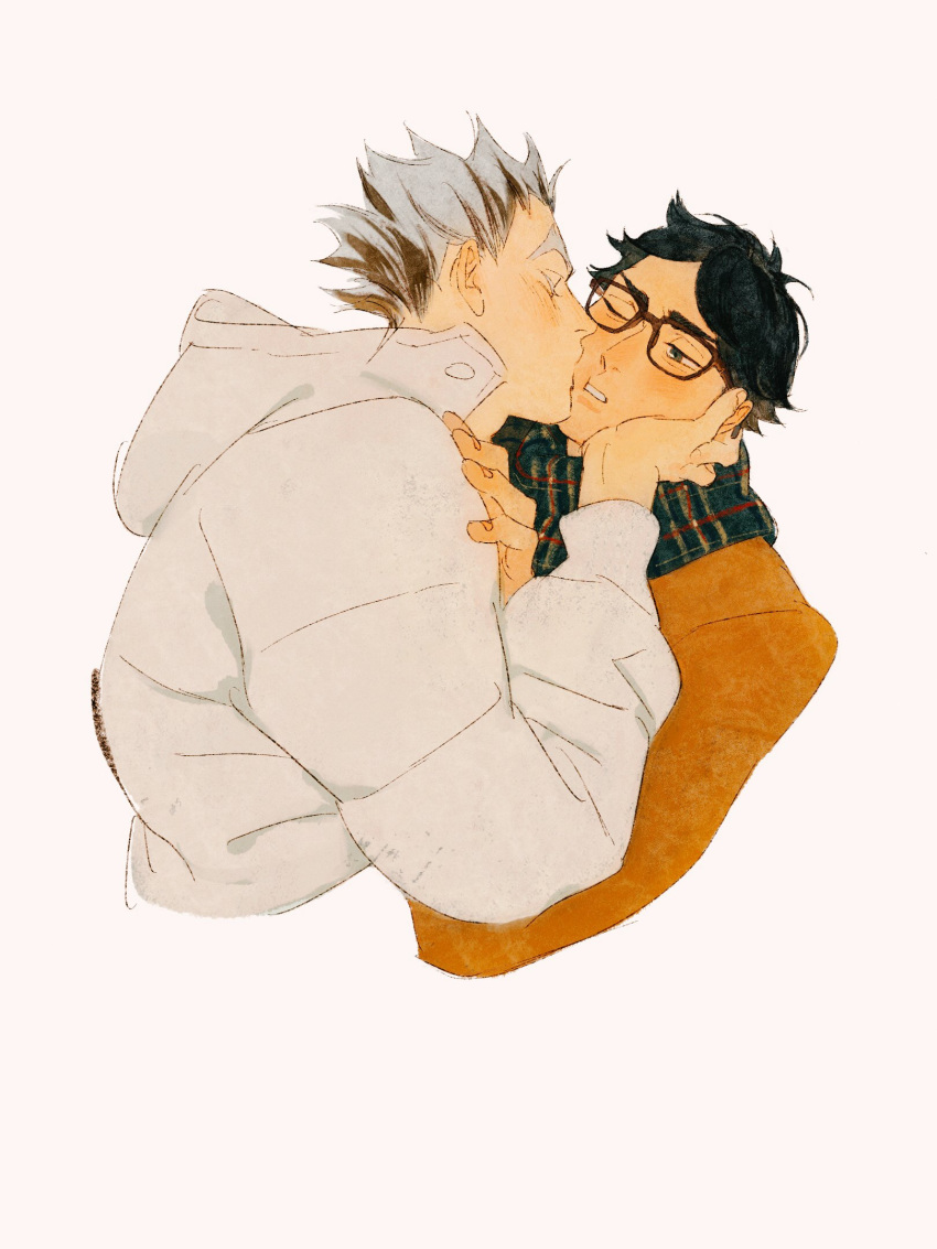 2boys akaashi_keiji black_hair bokuto_koutarou brown_hair brown_jacket chengongzi123 closed_eyes cropped_torso facing_another glasses grey_hair grey_jacket haikyuu!! hand_on_another's_cheek hand_on_another's_face hands_up highres hood hood_down hooded_jacket jacket kiss kissing_cheek long_sleeves male_focus multicolored_hair multiple_boys one_eye_closed parted_lips pink_background pushing_away scarf simple_background streaked_hair thick_eyebrows yaoi