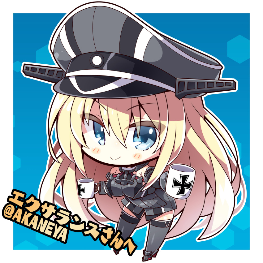 1girl absurdres akaneya bismarck_(kancolle) blonde_hair blue_background blue_eyes blush breasts chibi cross cup elbow_gloves full_body gloves hair_between_eyes hat highres holding holding_cup iron_cross kantai_collection large_breasts leaning_forward long_hair military military_hat military_uniform mug peaked_cap second-party_source smile solo standing thighhighs twitter_username uniform very_long_hair