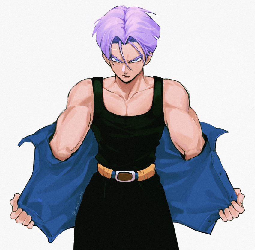 1boy absurdres belt belt_buckle black_pants black_tank_top blue_eyes blue_jacket bright_pupils buckle collarbone cowboy_shot curtained_hair dragon_ball dragon_ball_z hair_intakes highres jacket male_focus muscular muscular_male open_clothes open_jacket pants parted_bangs pectoral_cleavage pectorals purple_hair removing_jacket shirt short_hair signature simple_background sleeveless sleeveless_shirt solo tank_top trunks_(dragon_ball) trunks_(future)_(dragon_ball) v-shaped_eyebrows vamos_mk white_background white_pupils yellow_belt